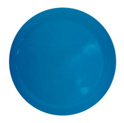 Vier wiederverwendbare Teller in Blau. Verpackung mit bunten Party-Motiven.