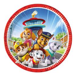 Pappteller mit buntem Motiv. Sechs cartoonartige Hunde in verschiedenen Farben. Hintergrund mit einem Turm und grüner Landschaft.