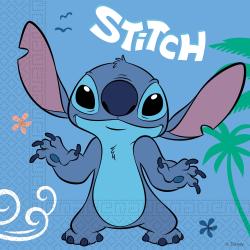 Cartoonfigur Stitch. Blaues Fell, große Augen, lange Ohren. Freundliche Pose, Hintergrund in Blau mit Palmen und Blumen.