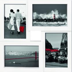 Vier Bilder in weißen Rahmen. Oben links: Paar mit roter Tasche, schwarz-weiß. Oben rechts: Leuchtturm mit Wellen, schwarz-weiß. Unten links: Rote Brücke über Wasser, schwarz-weiß. Unten rechts: Café mit roten Schirmen, schwarz-weiß.