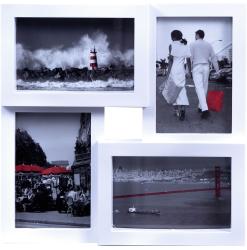 Vier Bilder in weißen Rahmen. Oben links: Paar mit roter Tasche, schwarz-weiß. Oben rechts: Leuchtturm mit Wellen, schwarz-weiß. Unten links: Rote Brücke über Wasser, schwarz-weiß. Unten rechts: Café mit roten Schirmen, schwarz-weiß.