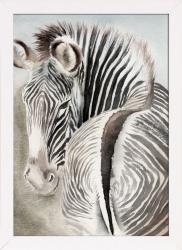 Aquarellzeichnung einer Zebra mit markanten Streifen. Der Hintergrund ist in sanften, neutralen Tönen gehalten.