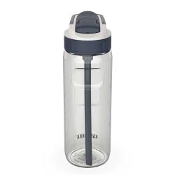 Transparente Wasserflasche mit grauem Deckel und Trinkhalm. Die Flasche hat eine schlichte Form.