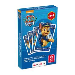 Spielkarten-Set mit Paw Patrol Motiven. Verpackung in Blau. Enthält Quartett, Mau Mau, Schnipp Schnapp und Memo. Geeignet für 2-4 Spieler ab 4 Jahren.