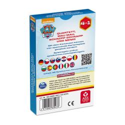 Spielkarten-Set mit Paw Patrol Motiven. Verpackung in Blau. Enthält Quartett, Mau Mau, Schnipp Schnapp und Memo. Geeignet für 2-4 Spieler ab 4 Jahren.