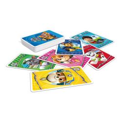 Spielkarten-Set mit Paw Patrol Motiven. Verpackung in Blau. Enthält Quartett, Mau Mau, Schnipp Schnapp und Memo. Geeignet für 2-4 Spieler ab 4 Jahren.
