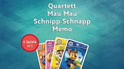 Spielkarten-Set mit Paw Patrol Motiven. Verpackung in Blau. Enthält Quartett, Mau Mau, Schnipp Schnapp und Memo. Geeignet für 2-4 Spieler ab 4 Jahren.