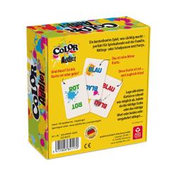 Spielverpackung für Color Addict. Bunte Farben und Karten mit Farbnamen.
