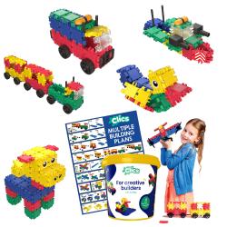 Gelber Eimer mit buntem Design. Aufschrift: 'For creative builders'. Enthält Bausteine aus recyceltem Material. Geeignet für Kinder ab 4 Jahren.