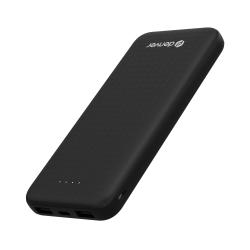Schwarze Powerbank mit zwei USB-Anschlüssen. Die Oberfläche hat eine strukturierte Optik.