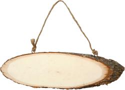 Holzschild in ovaler Form. Unbehandelte Holzoberfläche, natürliche Rinde am Rand. Mit Schnur zum Aufhängen.