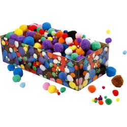 Bunte Pompons in verschiedenen Größen. In einer dekorativen Box mit vielen weiteren Pompons.