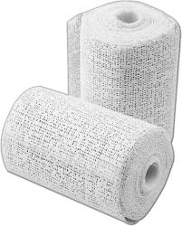 zwei Rollen weißes Verbandmaterial. Strukturierte Oberfläche mit kleinen Löchern. Rollen stehen nebeneinander.