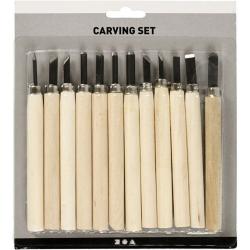 Set von 12 Holzgriff-Werkzeugen. Verschiedene Klingenformen, schwarz und metallisch. Für Schnitz- und Holzarbeiten geeignet.