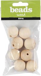 Verpackung mit sieben Holzperlen. Die Perlen sind rund und naturfarben.