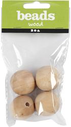Vier Holzperlen in einer durchsichtigen Verpackung. Die Perlen sind rund und naturfarben.