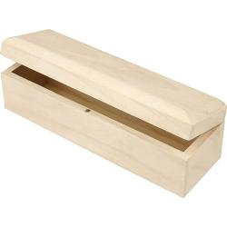 Holzkiste mit abgerundetem Deckel. Unbehandelt, helles Holz. Innenraum leer.