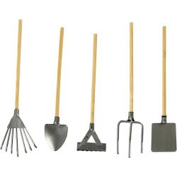Fünf Gartenwerkzeuge mit langen Holzgriffen. Enthält eine Harke, eine Schaufel, einen Rechen, eine Grabegabel und eine kleine Schaufel. Metallische Spitzen, einfache Designs.