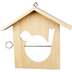 Holz-Vogelhaus mit einer Aussparung in Form eines Vogels. Das Dach ist spitz und es gibt einen Aufhängering.