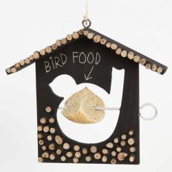 Holz-Vogelhaus mit einer Aussparung in Form eines Vogels. Das Dach ist spitz und es gibt einen Aufhängering.