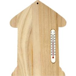 Holzthermometer in Form eines Hauses. Skala von 0 bis 50 Grad Celsius.