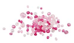 Bunte Glasperlen in verschiedenen Rosa- und Klar-Tönen. Die Perlen sind unterschiedlich groß und facettiert.