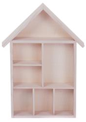 Holzregal in Form eines Hauses. Es hat mehrere Fächer in unterschiedlichen Größen.