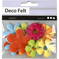 Bunte Filzblumen in verschiedenen Farben. Blumenformen mit und ohne Löcher.