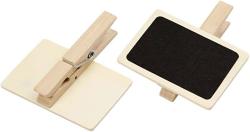 Holzklammer mit einer rechteckigen Tafel. Die Tafel hat eine schwarze Oberfläche.