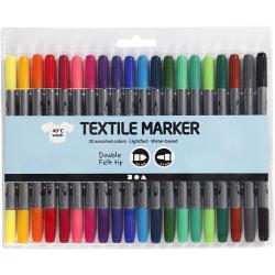 Set mit 20 Textilmarkern in verschiedenen Farben. Doppelspitze mit zwei unterschiedlichen Strichstärken.