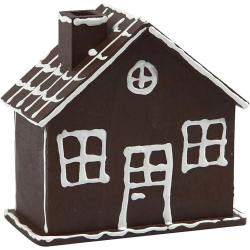 Holzspardose in Form eines Hauses. Hat ein Dach und einen Schornstein.