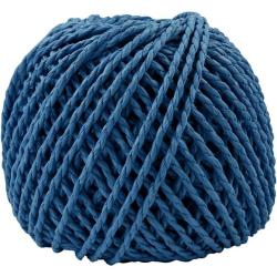 Ein blauer Wollknäuel aus geflochtenem Material. Rund und kompakt.