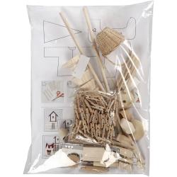 Miniatur Elfentür mit rotem Dach. Dekorative Elemente wie ein kleiner Weihnachtsbaum, Geschenke und eine Leiter. Verpackung zeigt die Tür und Zubehör.