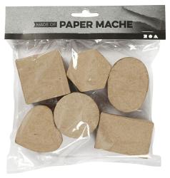 Sechs kleine Kartonboxen in verschiedenen Formen. Formen sind rechteckig, quadratisch, rund, hexagonal, herzförmig und oval.