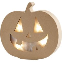 Papp-Halloweenkürbis mit lächelndem Gesicht. Die Augen und der Mund sind ausgeschnitten.