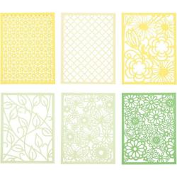 Sechs dekorative Papiermuster in verschiedenen Farben. Enthält florale und geometrische Designs.