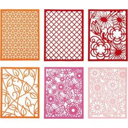 Sechs dekorative Papiermuster in verschiedenen Farben. Muster umfassen Blumen, Blätter und geometrische Formen.