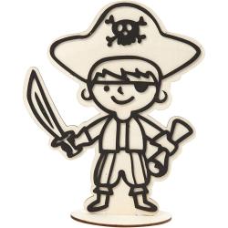 Holzfigur eines Piratenkindes mit Schwert und Augenklappe. Trägt einen Hut mit Totenkopf.