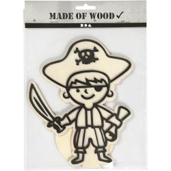 Holzfigur eines Piratenkindes mit Schwert und Augenklappe. Trägt einen Hut mit Totenkopf.