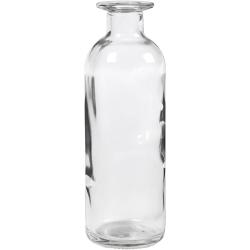 Durchsichtige Glasflasche mit schmalem Hals. Keine Aufschrift oder Muster.