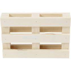 Holzpalette in heller Farbe. Flach mit mehreren Längsleisten und seitlichen Öffnungen.