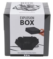 Schwarze Explosionsbox mit einem Deckel. Enthält 12 zusätzliche Teile.