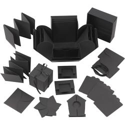 Schwarzes Set aus verschiedenen Karten und Boxen. Enthält Faltkarten, Geschenkbox und Etiketten.