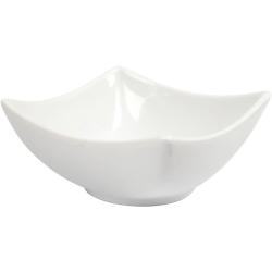 weiße Schale mit vier Ecken und leicht geschwungenen Kanten. Glatte Oberfläche, schlichtes Design.