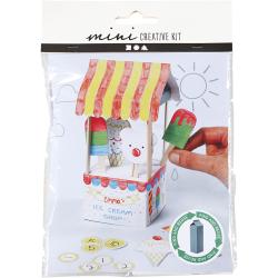 Bastelset für einen Eisstand. Enthält eine kleine Verkaufsbude mit buntem Dach, Eiscremefiguren und Zubehör. Hand, die ein Eis hält. Verpackung zeigt fröhliche Farben.