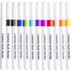 Set mit 12 kreativen Markern in verschiedenen Farben. Verpackung zeigt Anwendung auf Papier, Stein und Glas.