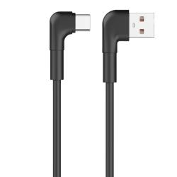 schwarzes USB-Kabel mit zwei abgewinkelten Anschlüssen. Ein Ende hat einen USB-A-Anschluss, das andere einen USB-C-Anschluss.