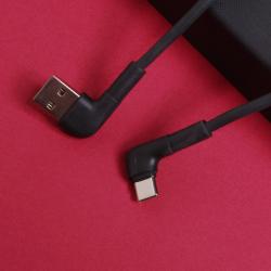 schwarzes USB-Kabel mit zwei abgewinkelten Anschlüssen. Ein Ende hat einen USB-A-Anschluss, das andere einen USB-C-Anschluss.