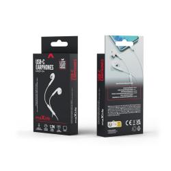 weiße Ohrhörer mit runden Ohrstücken. Kabel mit Lautstärkeregler. Schlichtes Design.