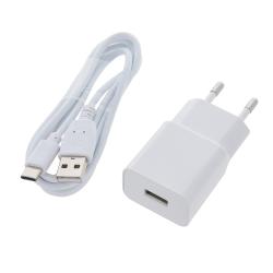 Weißes Ladegerät mit zwei Steckern. Dazu ein USB-Kabel mit einem USB- und einem USB-C-Anschluss.